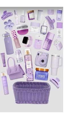 a purple basket filled with lots of different types of cosmetics and personal care items next to each other