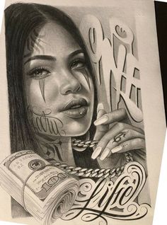 a pencil drawing of a woman with tattoos on her face and hand holding money in front of her face