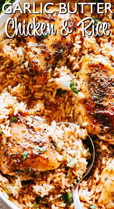 chicken and rice with garlic butter in a white bowl