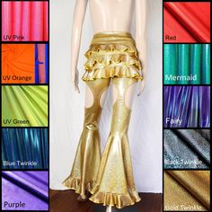 These pants have everything: - high waist (rise measurement depends on size) - 3 layer ruffle butt - garter style legs - large circle flares - with more ruffles! These are available in our rainbow of metallics: UV Pink (UV reactive, iridescent shine), UV Orange (UV reactive, clear shine), UV Green (UV reactive, iridescent shine), Blue Twinkle, Purple, Red, Mermaid (blue with green shine), Fairy (purple with iridescent blue shine), Black Twinkle, or Gold Twinkle. All are 4 way stretch spandex. These are currently available in standard sizing Small - 4X, standard inseam length 32". See last photo for full size chart. Custom sizing and/or inseam length is available! Please leave inseam measurement as a note to seller during checkout, or waist, hip, rise, and inseam measurements for fully cust Flare Pants 70s, Garter Leggings, Cutout Leggings, 70s Pants, Red Mermaid, Disco Pants, Cut Out Leggings, Festival Skirts, Ruffle Pants