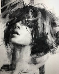 a black and white drawing of a woman's face with her hair blowing in the wind