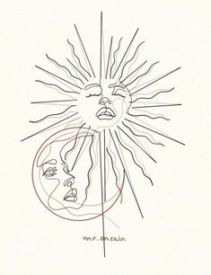 a drawing of a sun with two faces and one face is in the middle of it