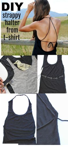 the back of a woman's black tank top with an arrow on it and text that reads, diy strappy halter from t - shirt