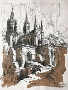 an ink drawing of a church in the city