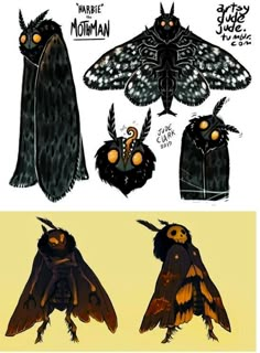 some sort of creature with yellow eyes and black wings, all in different positions to look like