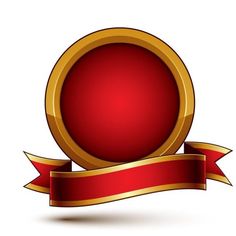 an image of a red round with gold frame and ribbon on white background stock photo