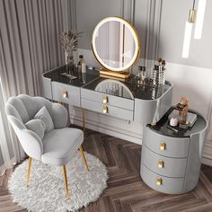 a dressing table with a chair and mirror