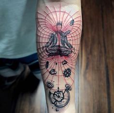 a person with a tattoo on their leg is sitting in a lotus position and has many symbols around it