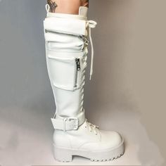 Winter Women Thigh High Boots Fashion Back White Long Knight Booties Ladies Thick Sole Shoes Women's Thigh High White Boots, Womens Thigh High Boots, Popular Boots, Black Punks, Knee High Heels, Women Platform Shoes, Leather Boots Women, White Boots, Long Boots