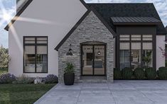 this is an artist's rendering of a modern house with stone and brick accents