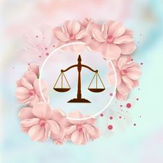 an image of a scale and flowers on a blue background with pink petals around it