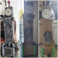 three different clocks are stacked on top of each other