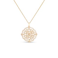 This detailed filigree pendant, resembles feminine strength. Elegant and classic, this filigree pendant is set in 18K rose gold, and features a diamond lined, swirly, filigree design that holds over two hundred sparkling white diamonds. The pendant hangs from a rose gold chain and is attached by an embellished bail at the top of the pendant. This pendant is sure to be adored by all who see it and makes for a beautiful gift.
We are happy to answer any of your questions! Contact us! Feminine Strength, Filigree Pattern, Pave Pendant, Filigree Pendant, Rose Gold Chain, Feather Pendant, Diamond Star, Filigree Design, Gold Filigree