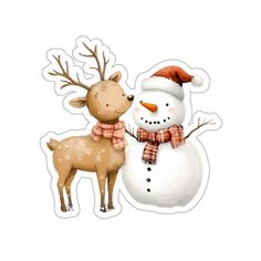 a reindeer and a snowman are standing next to each other