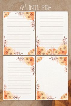 four blank papers with flowers and leaves on the bottom one is lined in white paper