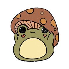 a cartoon frog with a mushroom hat on its head and eyes closed, looking to the side