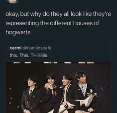 two men in suits and ties standing next to each other with the caption that reads, okay, but why do they all look like they're representing the different houses of hogwarts