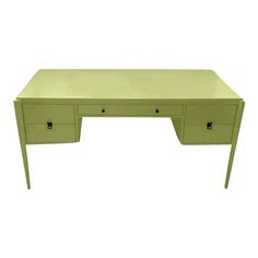 a green desk with two drawers on the top and one drawer at the bottom, in front of a white background