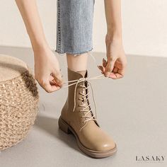 Lasaky - Stylish and Comfortable Martin Boots with Thickened Soles and Slim-laced Design in Short Length and Flat Heels Professional Work Shoes, Boots For Winter, Martens Style, White Canvas Shoes, Trendy Flats, Rough Heels, Flat Heels, Botas Chelsea, Square Toe Heels