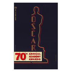 the 70th annual academy awards poster is displayed on a black background with red and white lettering