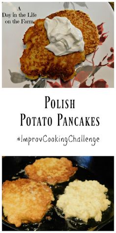 some food that is on top of a pan with the words polish potato pancakes in it