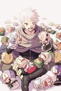 an anime character sitting on the ground surrounded by other characters