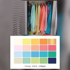 there is a closet with many different colored shirts hanging on the rack and in front of it