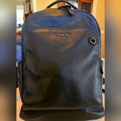 Gently Used Mens Coach Black Leather Backpack; Lots Of Pockets On The Inside Classic Black Leather Backpack For Formal Use, Classic Black Leather Backpack For Formal Occasions, Classic Black Formal Backpack, Classic Black Leather Backpack For On-the-go, Classic Black Leather Backpack For Travel, Luxury Black Coach Backpack, Designer Black Leather Rectangular Backpack, Designer Black Leather Backpack For Everyday Use, Coach Business Backpack