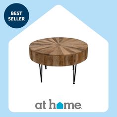 a wooden table with black legs and a blue background that says best seller at home