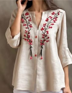 Sulaman Pita, Cotton Tops Designs, Linen Style Fashion, Projek Menjahit, Embroidery On Kurtis