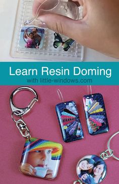 a hand holding a keychain with pictures on it and the words learn resinin dom