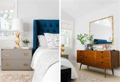 two pictures of a bedroom with white walls and blue headboard, gold accents on the dresser