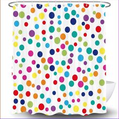 a shower curtain with colorful polka dots on it