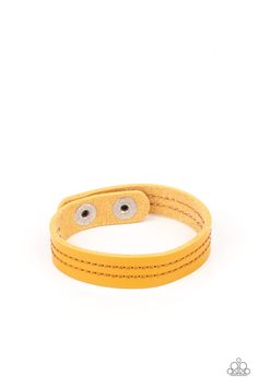 The front of a dainty yellow leather band is stitched in two linear rows, creating a colorfully rustic centerpiece around the wrist. Features an adjustable snap closure.

 Sold as one individual bracelet. Colorful Centerpieces, Rustic Centerpiece, Paparazzi Accessories Jewelry, Faux Leather Bracelets, Yellow Bracelet, Pink Jewels, Mobile Boutique, Rustic Centerpieces, Snap Bracelets