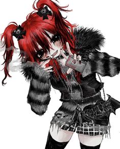 a drawing of a woman with red hair and black clothes holding her hands to her face