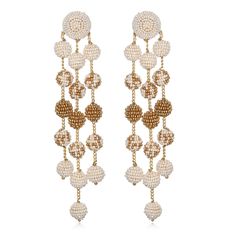 Earrings made of 3-cut beaded balls connected with silver chains in three long sections. Earrings are 3-3/4" long and 1" wide with sterling silver posts. The balls are 1/4" in diameter. Round post is wrapped in 3-cut beads and is backed in leather. Large Drop Earrings, Gold Ombre, Small Drop Earrings, Long Chandelier, Silver Ombre, Bugle Beads, Chandelier Earrings, White Silver, Green And Gold