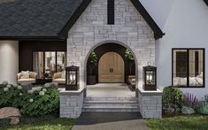 the front entrance to a house with stone steps leading up to it's entry