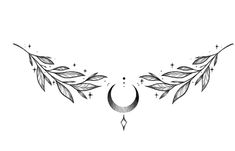 a black and white drawing of a crescent with leaves on it's side, surrounded by stars