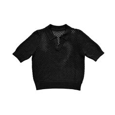 Open knit top with collar, open v-neck placket and ribbed arm band and hem. Made with love in a Fair Trade Certified™ facility in Hong Kong. MEASUREMENTS (laying flat):XS - Chest: 19”, Length (Shoulder to hem): 19”, Sleeve Length 9.5", Bottom Width: 14”S- Chest: 20”, Length (Shoulder to hem): 19.5”, Sleeve Length 10”, Bottom Width: 14.5”M- Chest: 21”, Length (Shoulder to hem): 20”, Sleeve Length 10”.5, Bottom Width: 15”L- Chest: 22”, Length (Shoulder to hem): 21”, Sleeve Length 11”, Bottom Width Black Knit Collared Sweater, Black Collared Knit Sweater, Black Collared Sweater For Work, Casual Pointelle Knit Tops With Collared Neckline, Black Pointelle Knit Top For Work, Casual Tops With Pointelle Knit And Collared Neckline, Casual Collared Pointelle Knit Tops, Fall Open Knit Collared Top, Open Knit Tops For Workwear