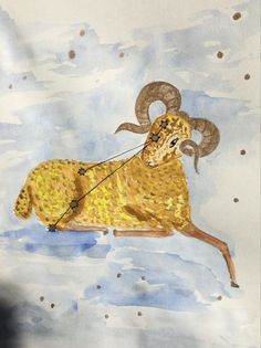 a watercolor painting of a ram running in the snow with a string attached to its back