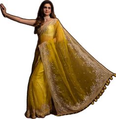 Gold Pre-draped Saree With Gota Work In Organza, Gold Organza Pre-draped Saree With Resham Embroidery, Elegant Yellow Lehenga With Sheer Dupatta, Yellow Elegant Lehenga With Sheer Dupatta, Designer Gold Georgette Saree, Gold Pre-draped Organza Saree With Resham Embroidery, Yellow Pre-draped Saree With Gota Work For Party, Yellow Pre-draped Saree With Sheer Dupatta, Gold Organza Pre-draped Saree With Gota Work