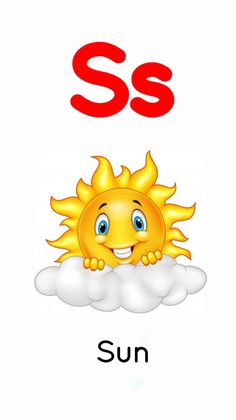 the letter s is for sun with an image of a smiling sun on top of a cloud