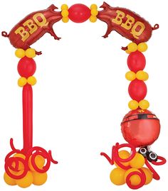 the balloon arch is decorated with red, yellow and orange balloons that spell out bbq