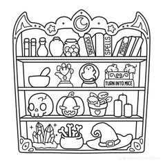 a coloring book shelf filled with different items