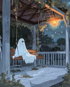 a ghost sitting on a porch swing in the night