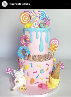 a pink cake with sprinkles, candies and ice cream on it