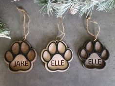 three wooden ornaments hanging from a christmas tree with the words, name and paw prints on them