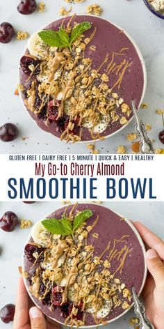 two bowls filled with smoothie bowl topped with granola and cherries on top