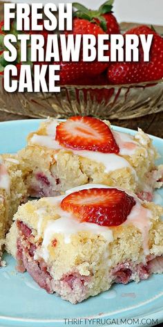 fresh strawberry cake on a blue plate with strawberries in the background and text overlay