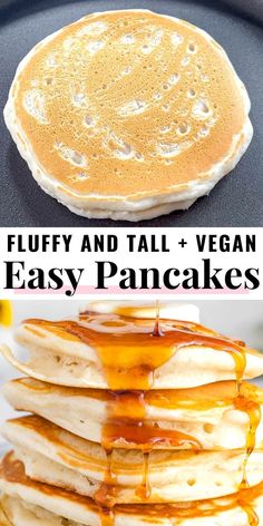 fluffy and tall vegan pancakes with syrup drizzled on top